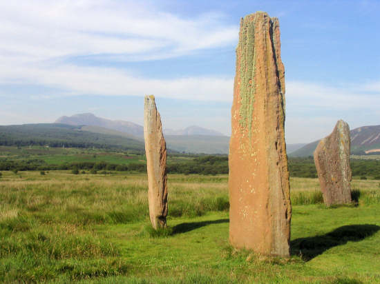 A view of Machrie standing stones with Goatfell