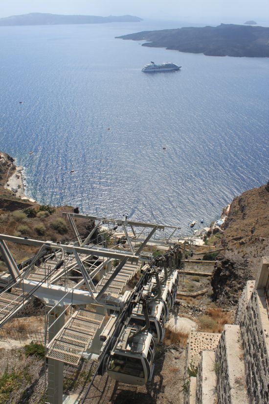 Picture of the  Cablecar Nearing Top With Cruiseship In Distance  - Fira, Santorini, Greece