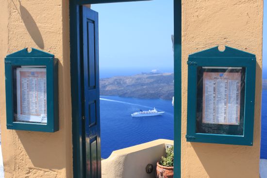 Picture of the  Cruise Ship Through Archipelagos Restaurant Entrance  - Fira, Santorini, Greece