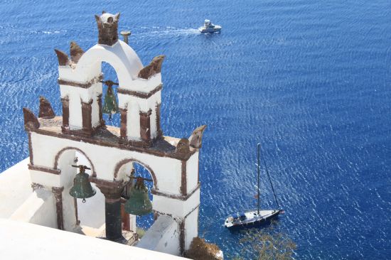 Picture of   3 Bells With 2 Ships In The Water - Oia, Santorini, Greece