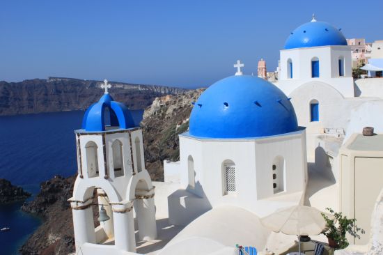 Picture of the  3 More Blue Domes Looking Over Sea - Oia, Santorini, Greece