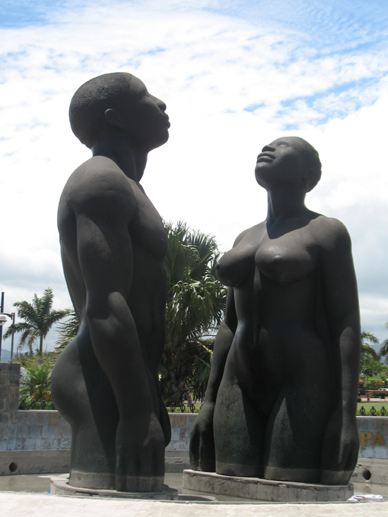 Picture of  The  Redemption Song Monument Closeup at Emancipation Park, Kingston, Jamaica is shown on this page.